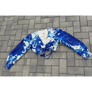 HOUSE OF HARLOW 1960 Long Sleeve Crop top V-Neck Blue Floral Lace NWT Medium